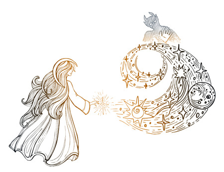Angel, creating stars and the universe, and dark horned creature protected from the candlelight. Hand drawn illustration. Eps-8 vectorのイラスト素材