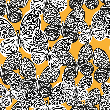 Seamless yellow background with black and white butterfliesのイラスト素材