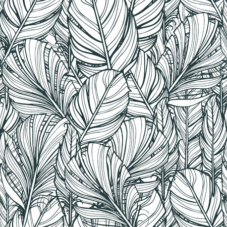 Seamless pattern with hand-drawn feathers. Hippie design elements. Coloring book pages for adults.のイラスト素材