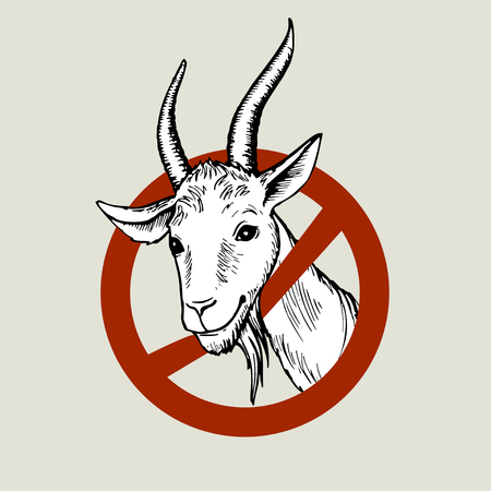 Hand drawn head of a white goat, peeking out of the prohibitory road sign. Colored hand-painted vector drawing.のイラスト素材