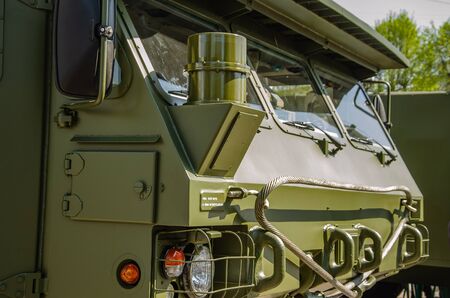 Ulyanovsk, Russia - May 09 2019: Exhibition of military equipment in the central square of the city. Background images - fragments of technology close-up.のeditorial素材