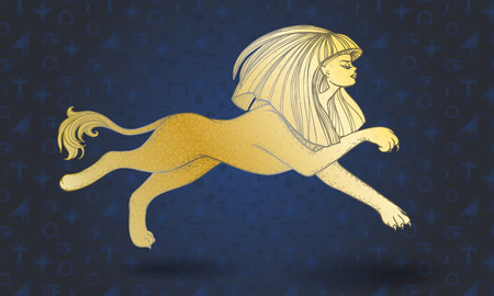 Golden running sphinx on blue background with hieroglyphsの写真素材