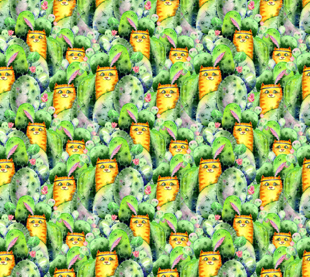 Watercolor seamless texture with red cats hiding among flowering cacti and tropical leaves. Watercolor print for childrens fabrics and wrapping paper in cute boho styleの写真素材