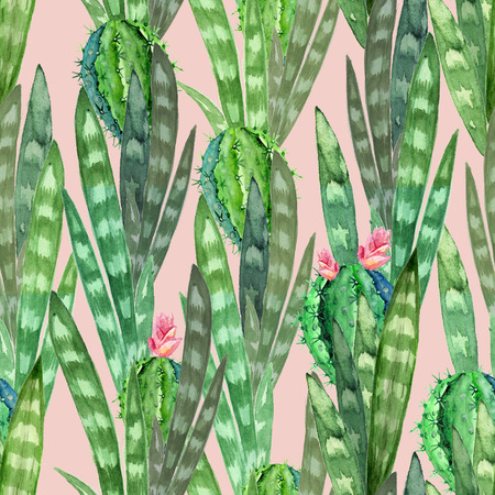 Watercolor seamless texture with flowering cacti on dusty pink background. Watercolor print and...