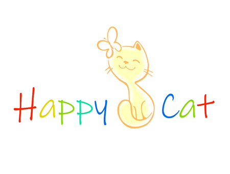 Funny cat logo vector. Happy yellow citten with butterflyのイラスト素材