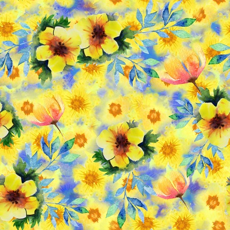 Seamless pattern with abstract watercolor flowers. yellow and orange flower on a blue background. Bright, cheerful, child illustration for your designの写真素材