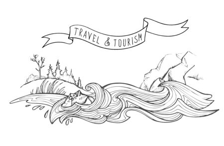 Stormy mountain river, mountains and a hill overgrown with grass and forest. Hand drawn illustration converted to vector.のイラスト素材