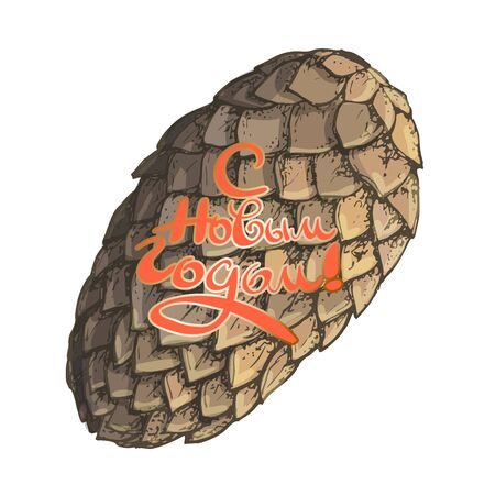 Beautiful vector image of a fir cone with a New Year's wish. Russian translation Happy New Year.のイラスト素材