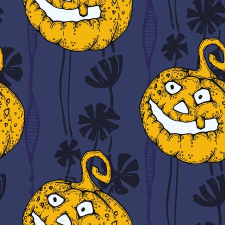 Hand drawn vector image of orange pumpkins on a dark blue backgroundのイラスト素材