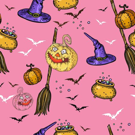 pumpkins brooms bats for halloween on a pink background.のイラスト素材