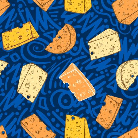 Vector image of yellow appetizing slices of cheese on a blue patterned background. Seamless background for design.のイラスト素材