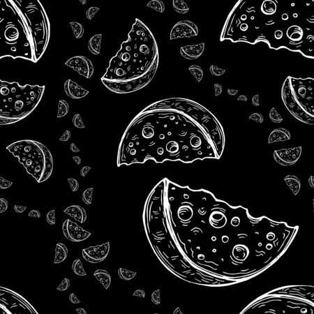 Vector image of white hand drawn slices of cheese in different proportions on a black background. Seamless background for wallpaper, textile and wrapping paperのイラスト素材