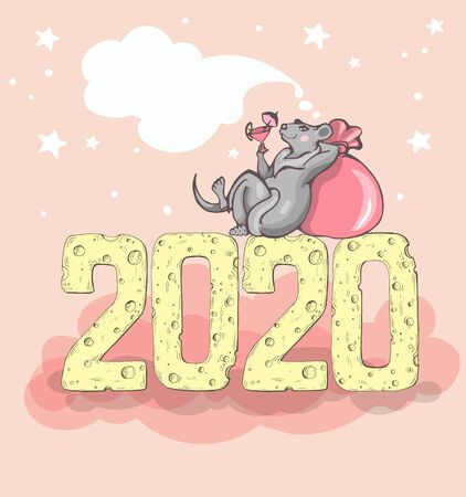 Hand-drawn funny cartoon rat lies on the figures made from cheese 2020, leaning on a bag with gifts, and drinks a celebratory cocktail. Template for holiday card or calendarのイラスト素材