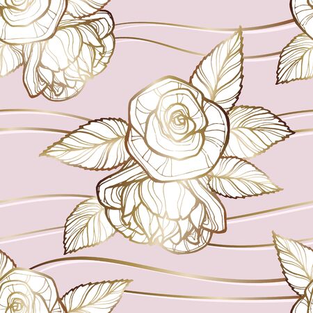 Vector image of beige-gold inflorescences of roses with leaves on a gently pink background in the interweaving of gold threads. Seamless pattern for textile, wrapping paper and wallpaperのイラスト素材