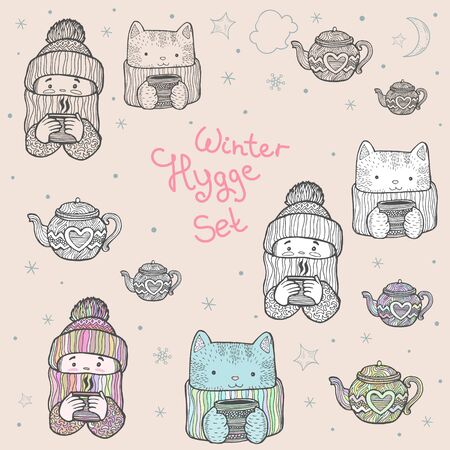A set of cute winter characters and elements in the form of a line drawing, a picture with a white background and a painted picture. A girl and a cat in knitted hats, in scarves and with a cup of teaのイラスト素材