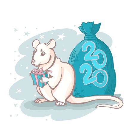 Vector white rat with a box of gifts and a full bag behind his backのイラスト素材