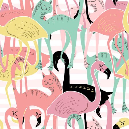 Vector image of multi-colored flamingos and cats on a white background. Seamless pattern for wallpaper, textile and graphic designのイラスト素材