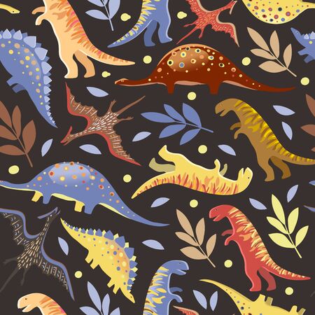 Vector image of diplodocus, tyrannosaurs, stegosaurs and pteranodons among circles and twigs on a dark background. Seamless background for textile and wrapping paperのイラスト素材