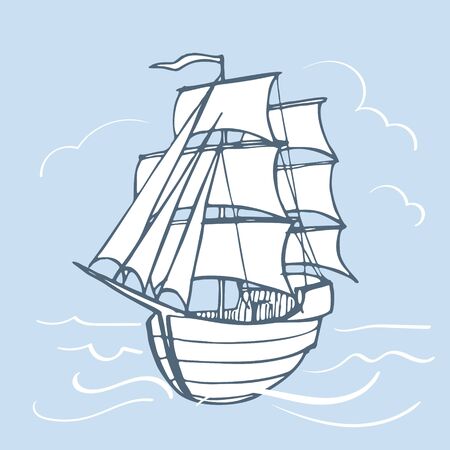 Vector image of a drawn ship among waves and clouds on a blue backgroundのイラスト素材