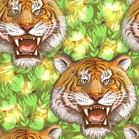Seamless illustration with the image of the roaring tiger heads on a green floral backgroundの写真素材