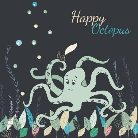 Vector image of a good cartoon octopus among the algae on a dark background with the words happy octopusのイラスト素材