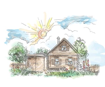 Watercolor drawing of a beautiful rustic log house with greenery around, the sun and cloudsの写真素材