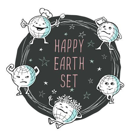 Vector image of cartoon happy planets in different poses and caps in a round frame on a white background and the inscription "happy earth set"のイラスト素材