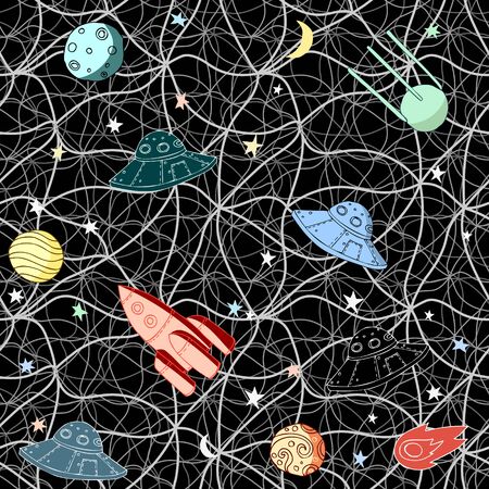 Seamless vector texture on the theme of space travel. Primitive flat cartoon drawing stylized as children's scribbles.のイラスト素材