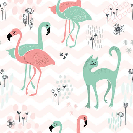 Animals seamless pattern of flamingos and cats on a white background with pink zigzag lines. Vector background for wallpaper, textile and graphic design.のイラスト素材