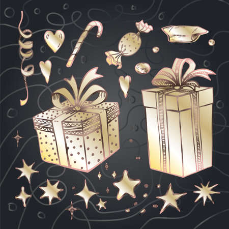 Vector sketch of golden gift boxes, hearts, candy, holiday ribbons, sweets and stars on a dark backgroundのイラスト素材