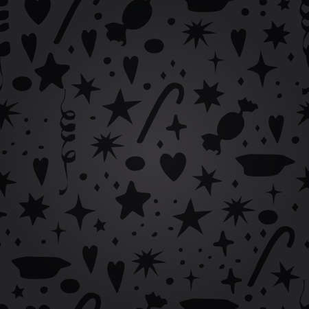 Vector seamless dark background with sweets, licorice sticks, stars, hearts and holiday ribbons