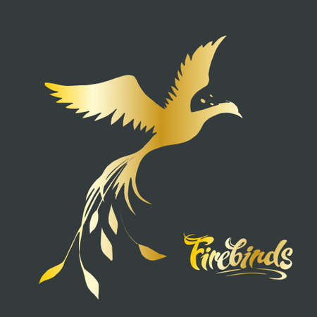 Vector image of a golden silhouette of a phoenix on a dark background and the inscription Firebirds