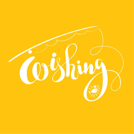 Vector text "wishing" with fishing rod silhouette on yellow background.のイラスト素材