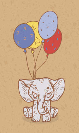 Vector drawing of a cute baby elephant with balls on a yellow backgroundのイラスト素材