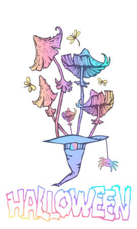 Vector drawing of rainbow mushrooms growing from a witch hat isolated on a white background and with the inscription "Halloween"のイラスト素材