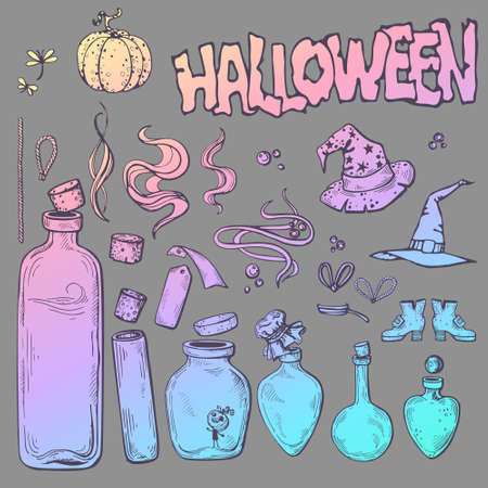 Vector halloween set of cones, dragonflies, ropes and witch clothes, hats and shoes with the inscription "halloween"のイラスト素材