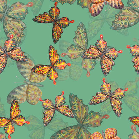 seamless pattern of beautiful butterflies illustration on greenbackgroundの写真素材