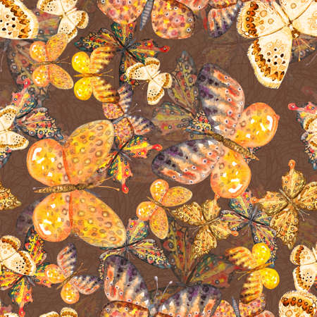 seamless pattern of beautiful yellow butterflies illustration on brown backgroundの写真素材