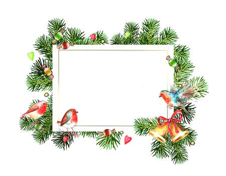 Christmas card template with watercolor spruce branches, bells and birdsの写真素材