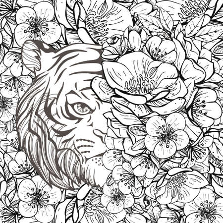 Colouring pictures with tiger and flower. Art therapy coloring page for adults and children.のイラスト素材