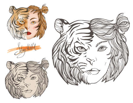 Three images of a half women half tigerのイラスト素材