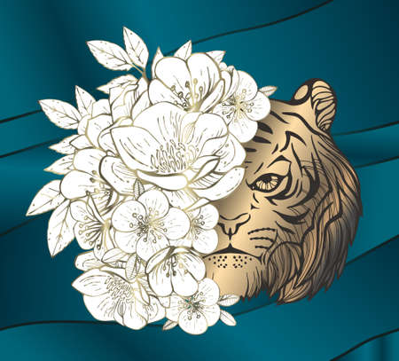 Vector drawing of tigers muzzle and flowersのイラスト素材