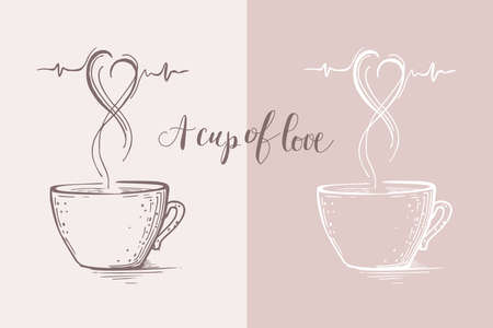 Vector sketch of a cup of coffee, and a pair in the form of a heartのイラスト素材
