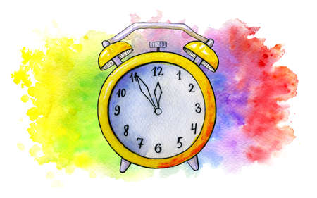 Watercolor pattern of an alarm clock on a bright backgroundの写真素材