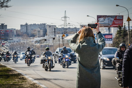 Ulyanovsk, Russia - April 23, 2022: Motorcyclists drive along the city road to celebrate the opening of the motorcycle seasonのeditorial素材