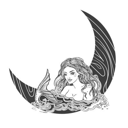 Mermaid on a moon. Black and white vector graphicsのイラスト素材