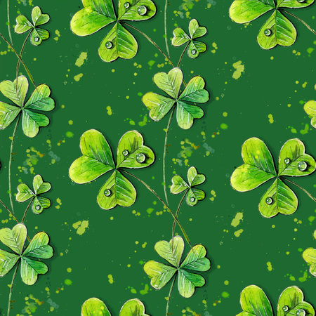 Green seamless background with three-leaved shamrocks, Lucky Irish Four Leaf Clover in the Field for St. Patricks Day holiday symbolの写真素材