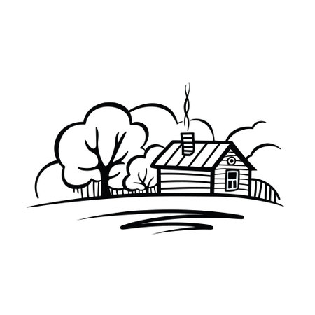 A house by the river. Black and white or emblem in vintage styleのイラスト素材