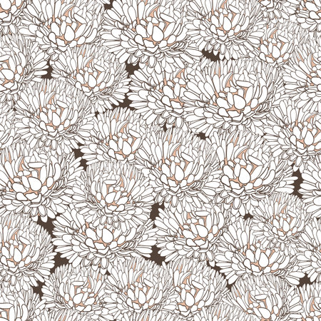 Vector seamless ornament made of painted asters. Beige ink drawing.のイラスト素材
