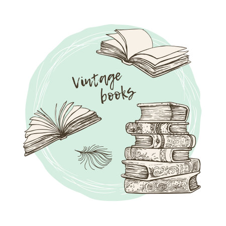 A collection of books sketches .Various books in vintage style. Hand-drawn vector design elements.のイラスト素材